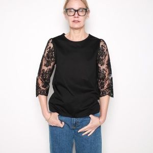 NWT LEUR LOGETTE Japan Navy Blue Cotton + Lace Sleeve Top 3 M